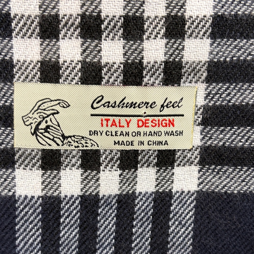 Plaid Dark Blue, Black and White Scarf with Red Accents. Cashmere feel.